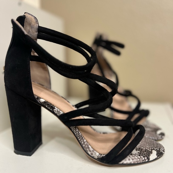 Strappy Snakeskin & Black Block Heels - Cage Sandals Size 39 - Picture 2 of 7